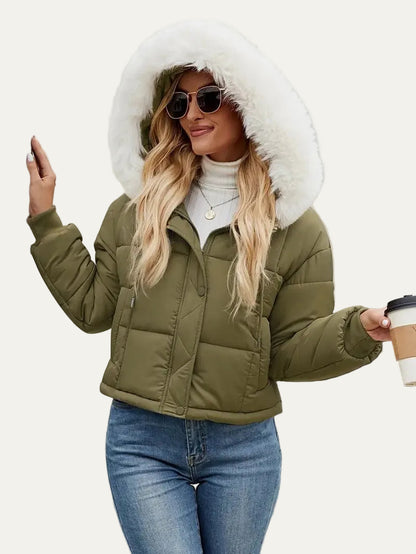 VogeLuxe | Women’s Cropped Quilted Puffer Jacket with Faux Fur Hood