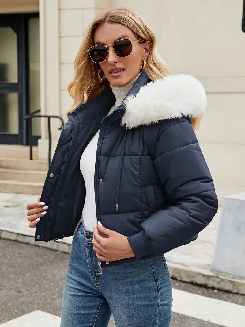VogeLuxe | Women’s Cropped Quilted Puffer Jacket with Faux Fur Hood