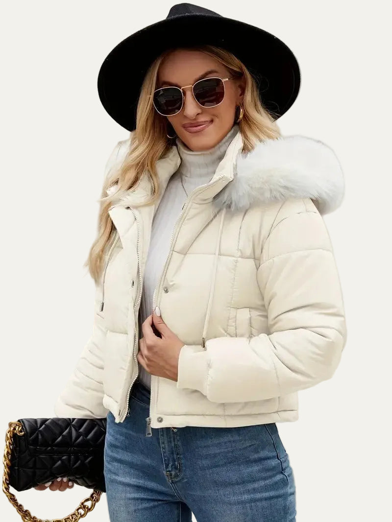 VogeLuxe | Women’s Cropped Quilted Puffer Jacket with Faux Fur Hood