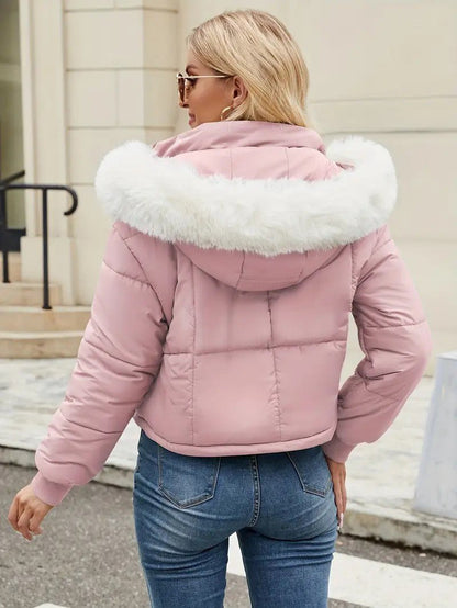 VogeLuxe | Women’s Cropped Quilted Puffer Jacket with Faux Fur Hood
