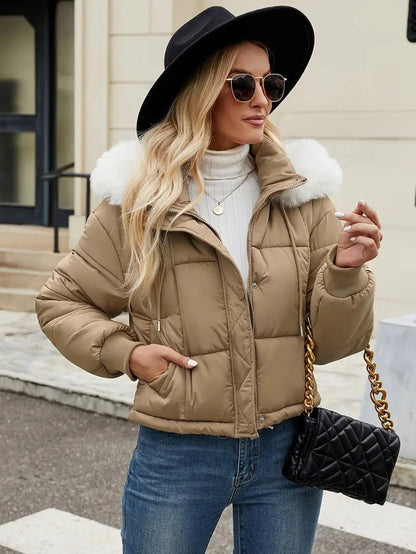 VogeLuxe | Women’s Cropped Quilted Puffer Jacket with Faux Fur Hood