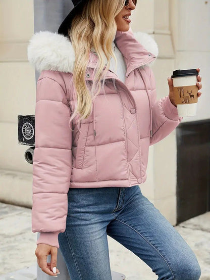 VogeLuxe | Women’s Cropped Quilted Puffer Jacket with Faux Fur Hood
