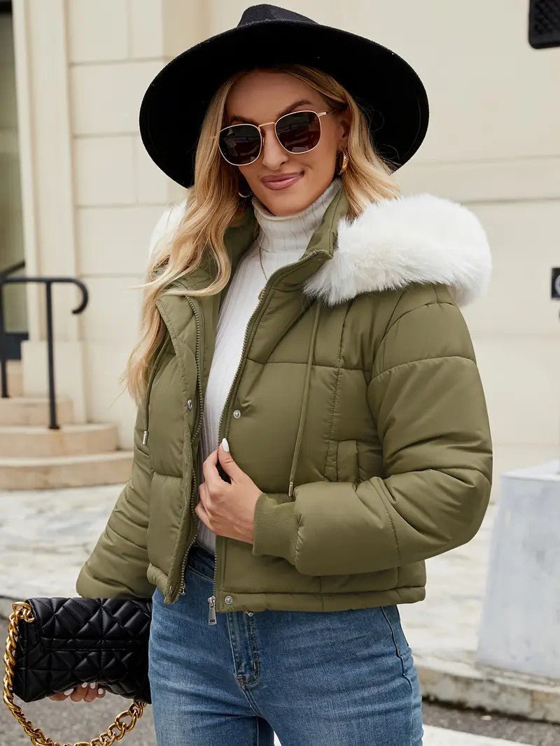 VogeLuxe | Women’s Cropped Quilted Puffer Jacket with Faux Fur Hood