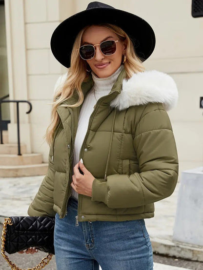 VogeLuxe | Women’s Cropped Quilted Puffer Jacket with Faux Fur Hood