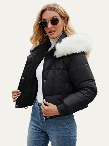 VogeLuxe | Women’s Cropped Quilted Puffer Jacket with Faux Fur Hood