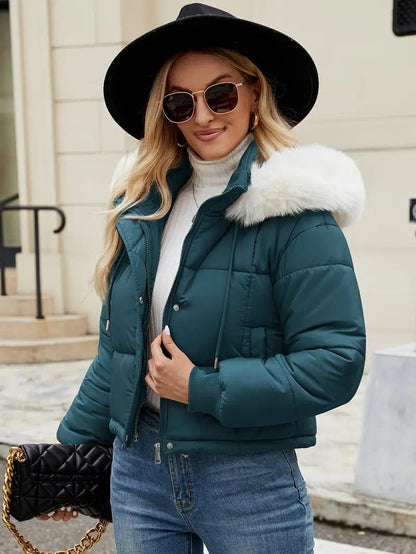 VogeLuxe | Women’s Cropped Quilted Puffer Jacket with Faux Fur Hood