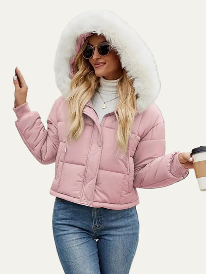 VogeLuxe | Women’s Cropped Quilted Puffer Jacket with Faux Fur Hood
