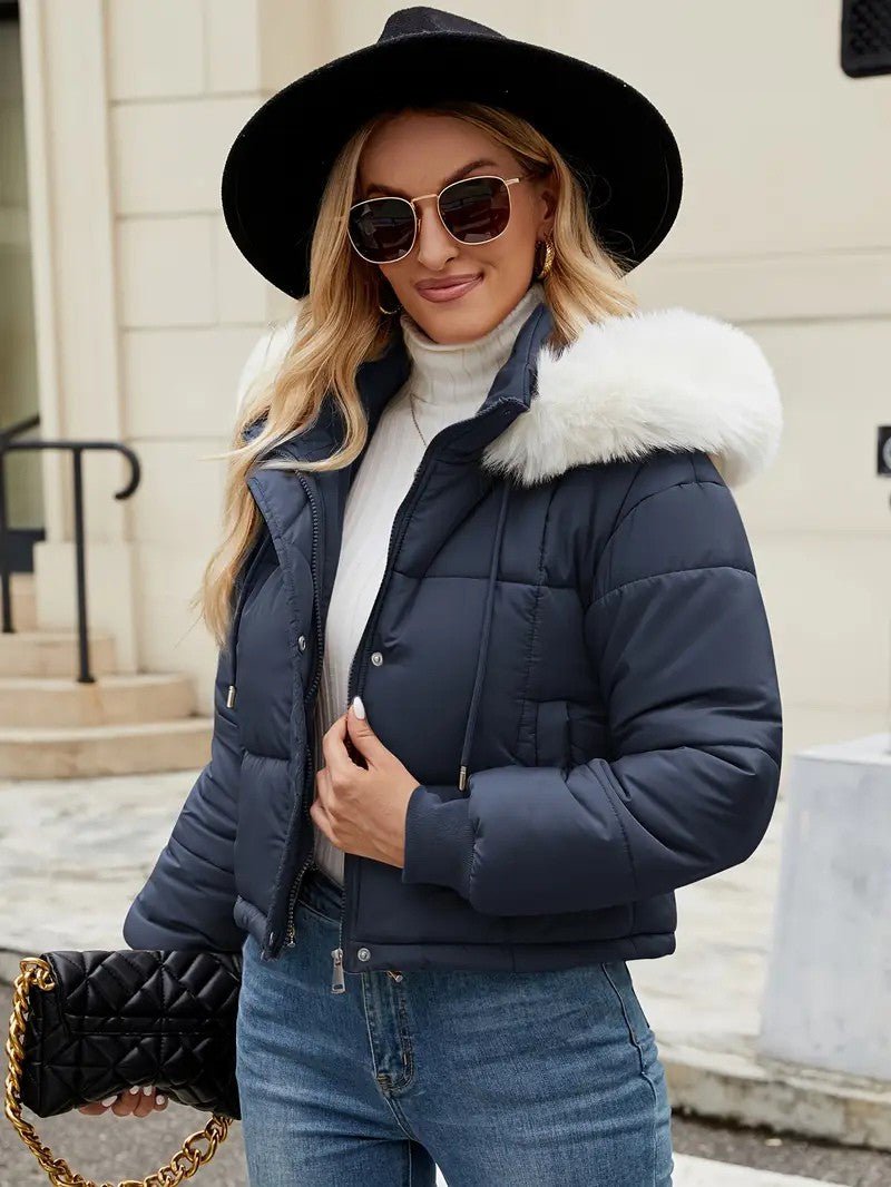 VogeLuxe | Women’s Cropped Quilted Puffer Jacket with Faux Fur Hood