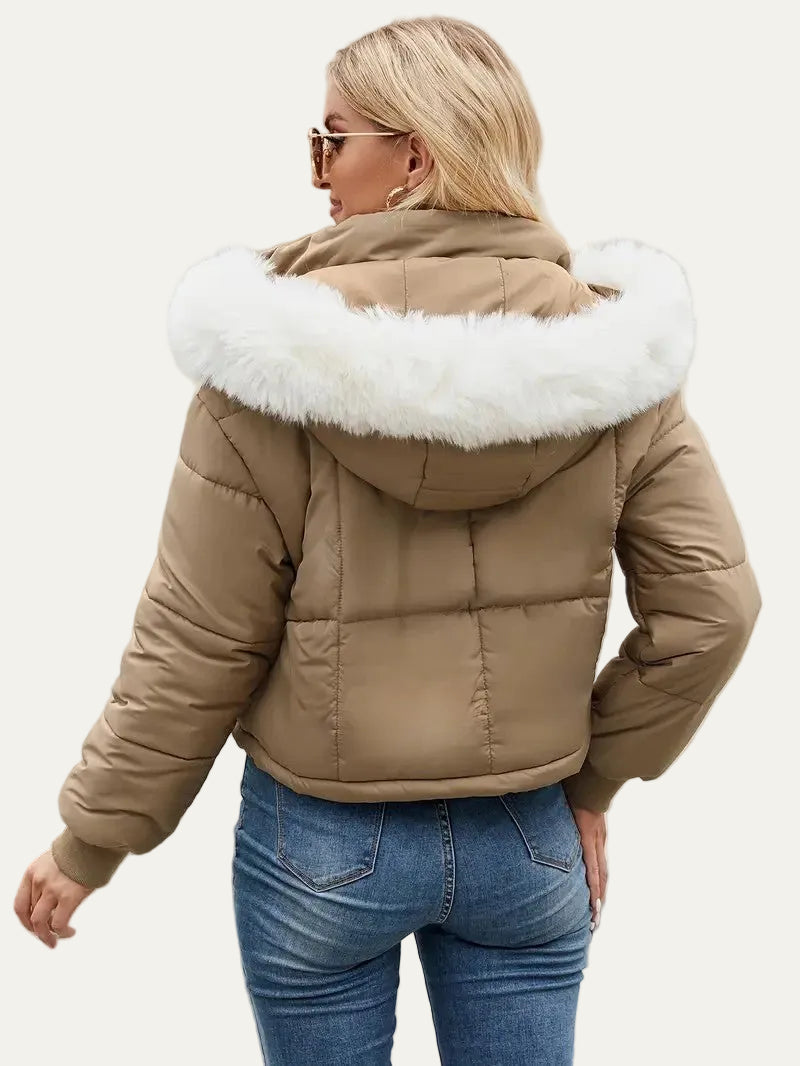 VogeLuxe | Women’s Cropped Quilted Puffer Jacket with Faux Fur Hood