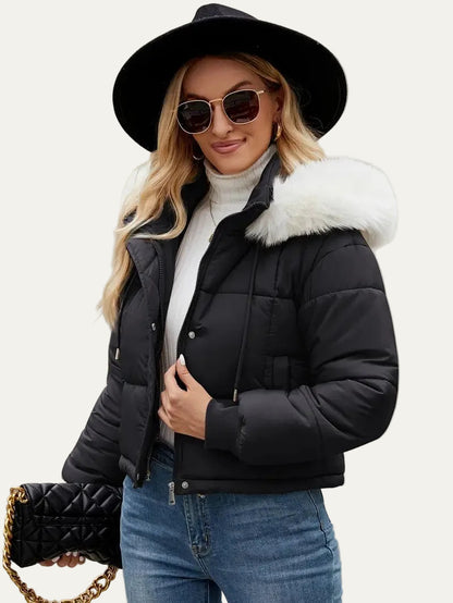 VogeLuxe | Women’s Cropped Quilted Puffer Jacket with Faux Fur Hood