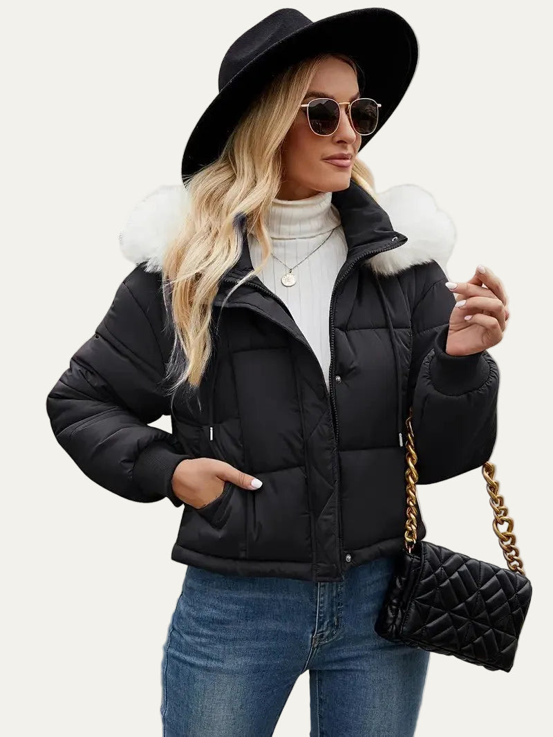 VogeLuxe | Women’s Cropped Quilted Puffer Jacket with Faux Fur Hood