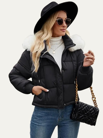 VogeLuxe | Women’s Cropped Quilted Puffer Jacket with Faux Fur Hood