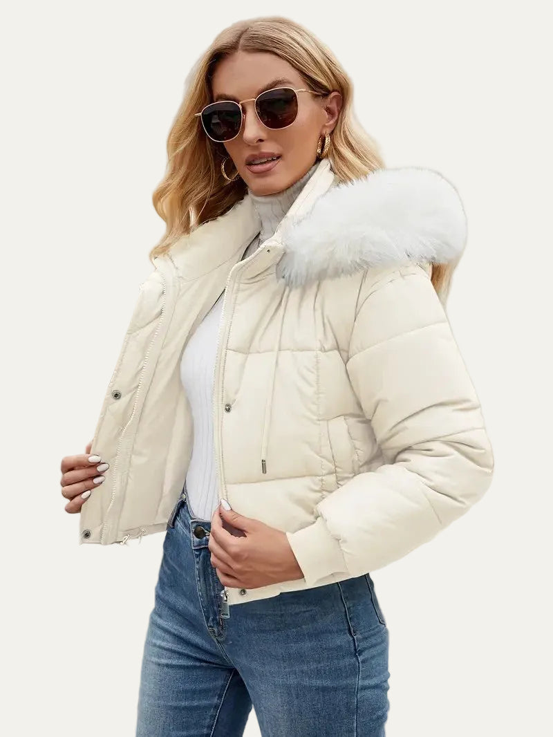 VogeLuxe | Women’s Cropped Quilted Puffer Jacket with Faux Fur Hood