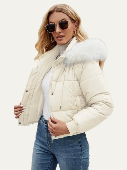 VogeLuxe | Women’s Cropped Quilted Puffer Jacket with Faux Fur Hood