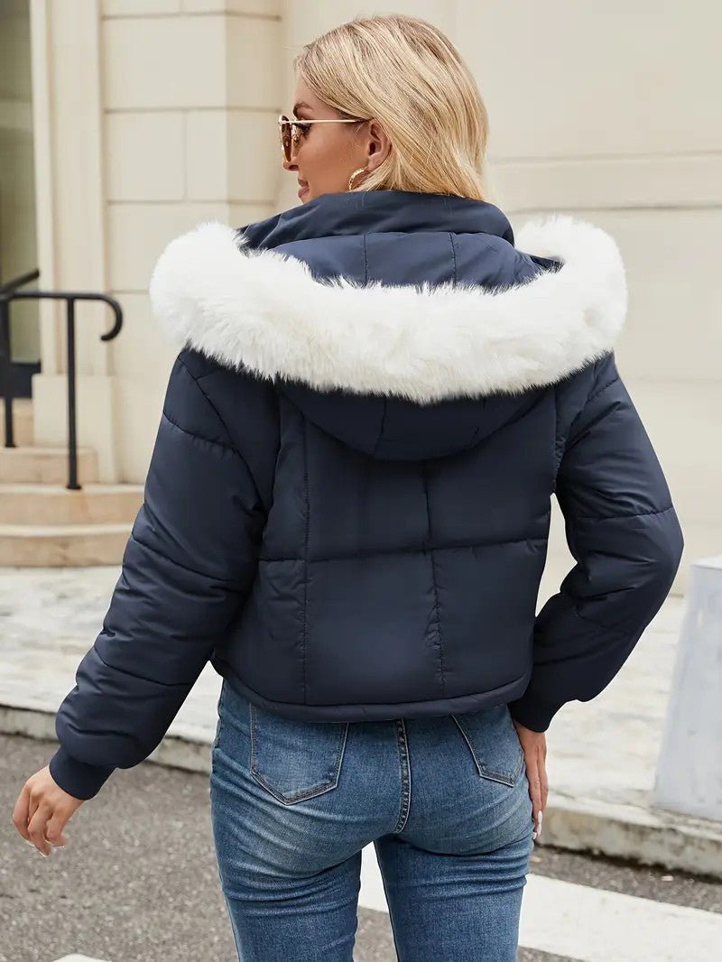 VogeLuxe | Women’s Cropped Quilted Puffer Jacket with Faux Fur Hood