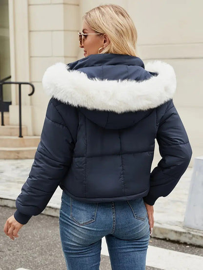 VogeLuxe | Women’s Cropped Quilted Puffer Jacket with Faux Fur Hood