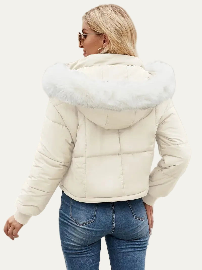 VogeLuxe | Women’s Cropped Quilted Puffer Jacket with Faux Fur Hood