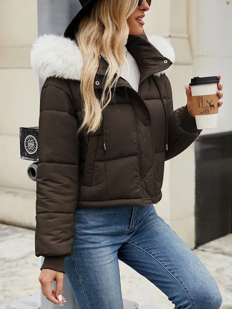 VogeLuxe | Women’s Cropped Quilted Puffer Jacket with Faux Fur Hood