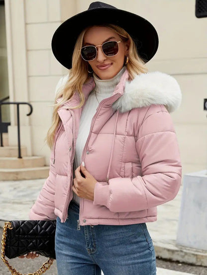 VogeLuxe | Women’s Cropped Quilted Puffer Jacket with Faux Fur Hood