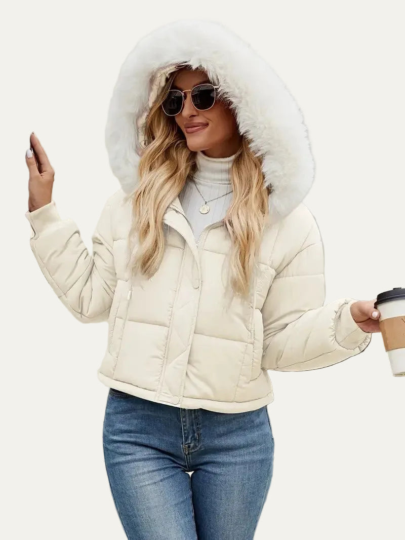 VogeLuxe | Women’s Cropped Quilted Puffer Jacket with Faux Fur Hood