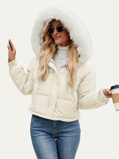 VogeLuxe | Women’s Cropped Quilted Puffer Jacket with Faux Fur Hood