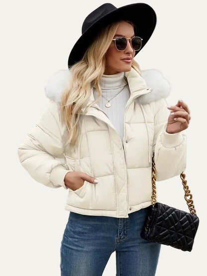 VogeLuxe | Women’s Cropped Quilted Puffer Jacket with Faux Fur Hood