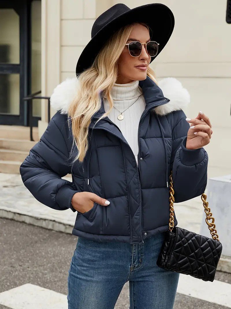 VogeLuxe | Women’s Cropped Quilted Puffer Jacket with Faux Fur Hood