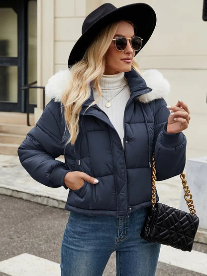 VogeLuxe | Women’s Cropped Quilted Puffer Jacket with Faux Fur Hood