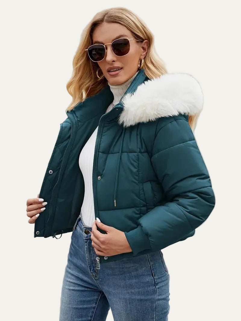 VogeLuxe | Women’s Cropped Quilted Puffer Jacket with Faux Fur Hood