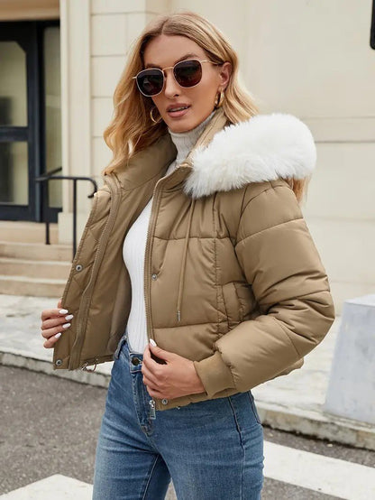 VogeLuxe | Women’s Cropped Quilted Puffer Jacket with Faux Fur Hood