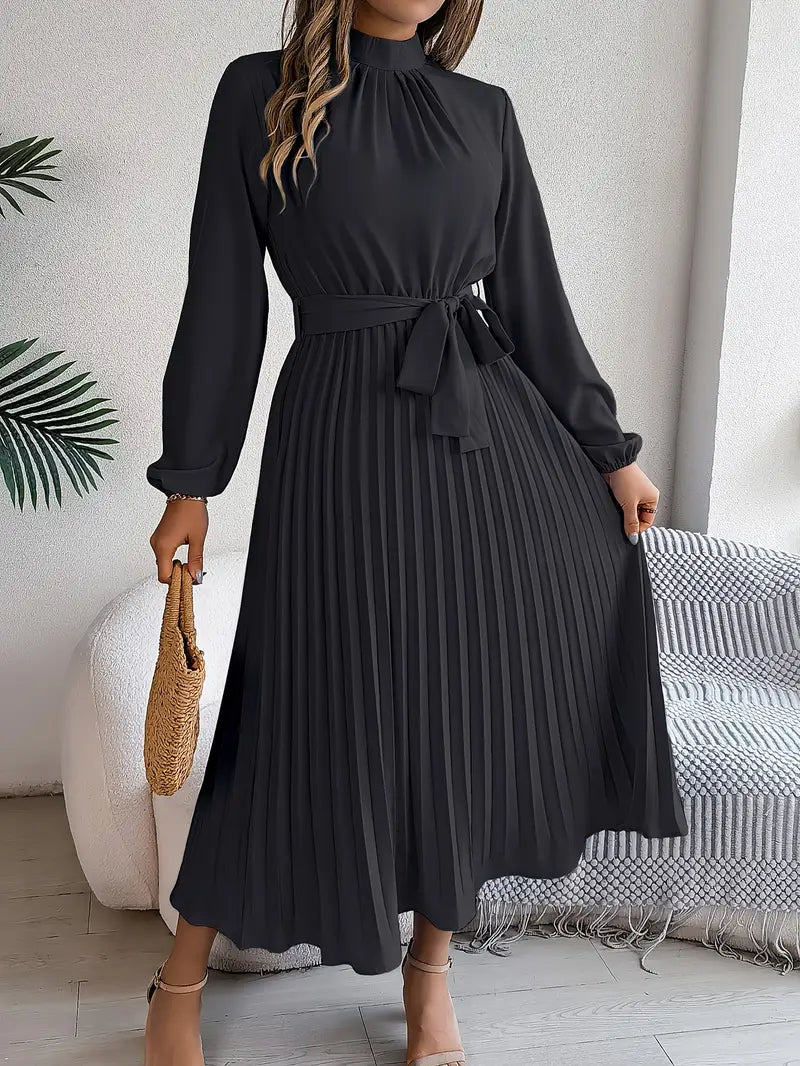 Ladies' Elegant Flared Waist Dress with Belt