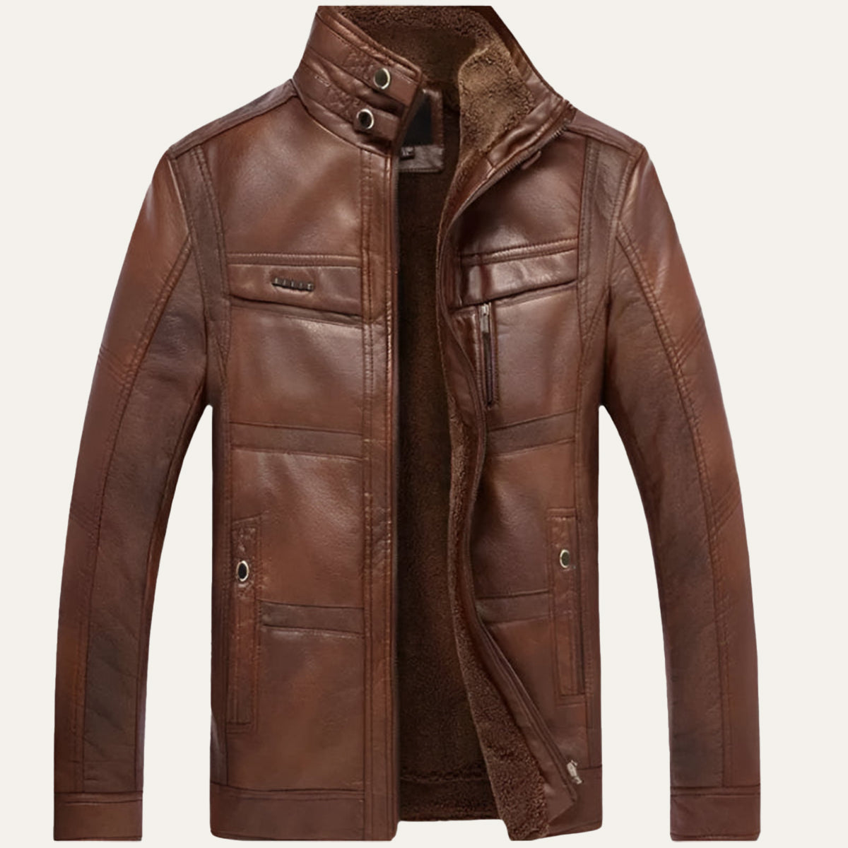 VogeLuxe | Men’s Zip Up Leather Jacket with Stand Collar