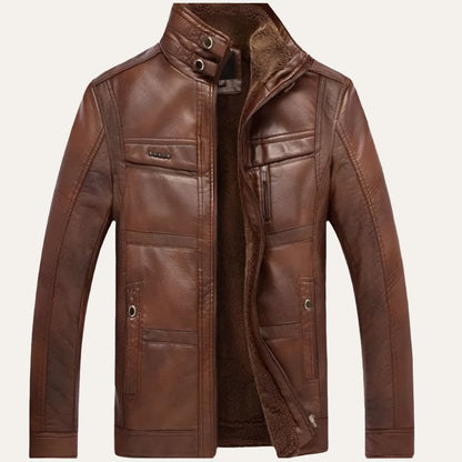 VogeLuxe | Men’s Zip Up Leather Jacket with Stand Collar