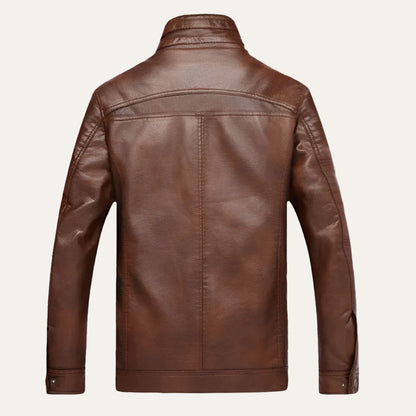 VogeLuxe | Men’s Zip Up Leather Jacket with Stand Collar