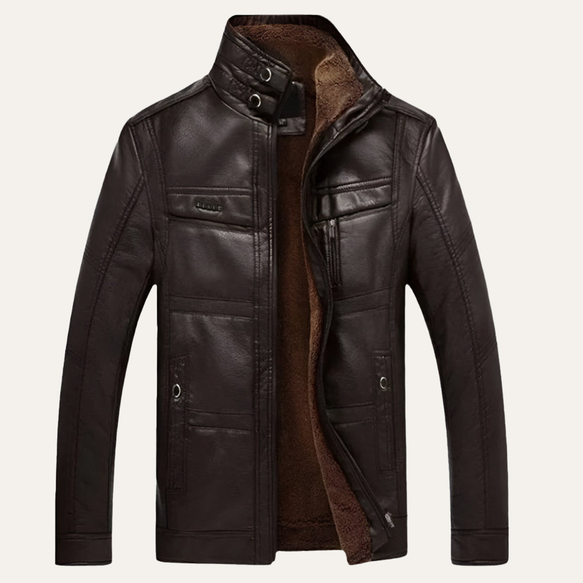 VogeLuxe | Men’s Zip Up Leather Jacket with Stand Collar