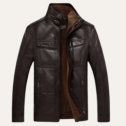 VogeLuxe | Men’s Zip Up Leather Jacket with Stand Collar