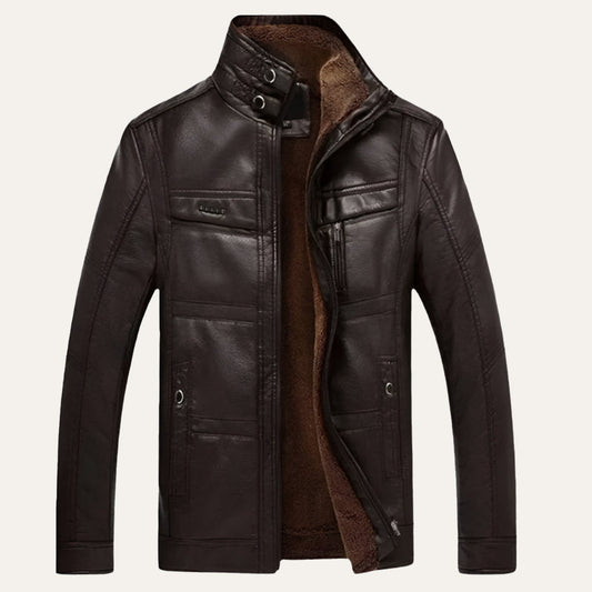 VogeLuxe | Men’s Zip Up Leather Jacket with Stand Collar