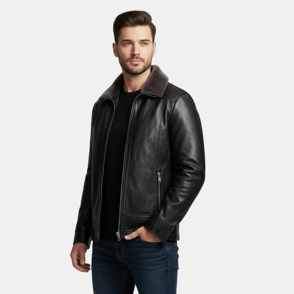 Men's Faux Leather Jacket with Sheepskin Collar - VogeLuxe