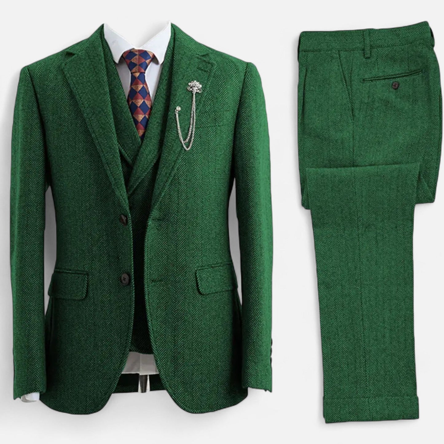 Classic Men's 3-Piece Wool Herringbone Suit