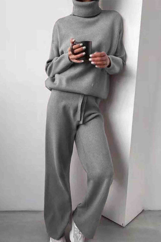 Comfortable Knit Turtleneck Jumper and Trousers Set - VogeLuxe