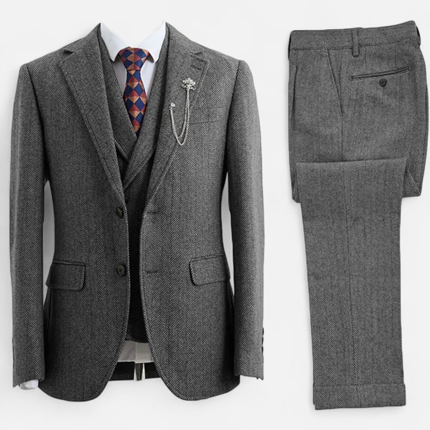 Classic Men's 3-Piece Wool Herringbone Suit