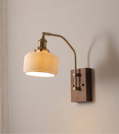 Rustic Wooden LED Wall Lamp with Ceramic Shade