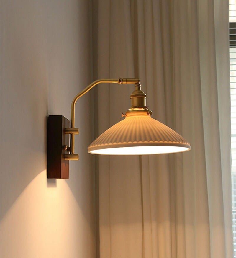 Rustic Wooden LED Wall Lamp with Ceramic Shade - VogeLuxe
