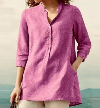 Relaxed Fit Women's Linen Blouse with Upright Collar