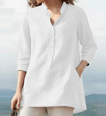 Relaxed Fit Women's Linen Blouse with Upright Collar