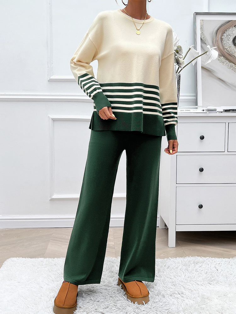 Comfortable Casual Striped Blouse and Pants Set - VogeLuxe