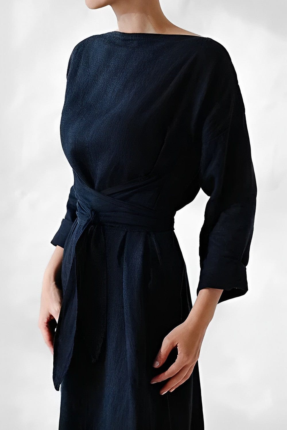 Relaxed Fit Summer Linen Dress with Waist Tie - VogeLuxe