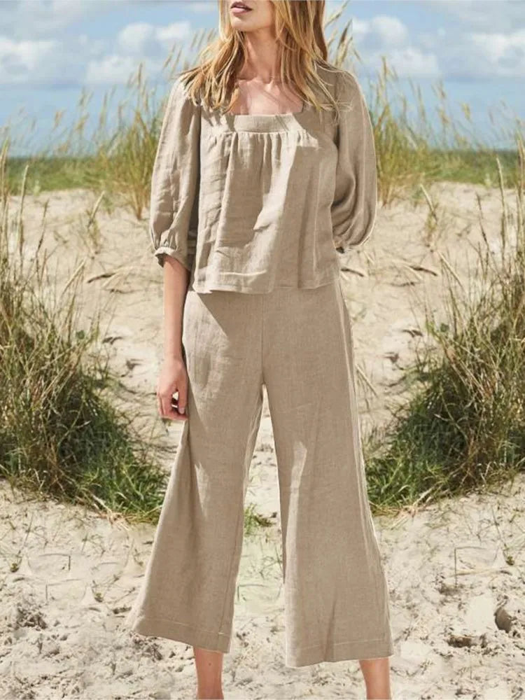 Relaxed Fit Linen Blouse and Pants Set for Women - BritishElegance