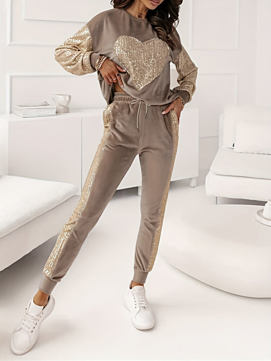 Chic Sequin Heart Top and Pants Outfit Set - VogeLuxe
