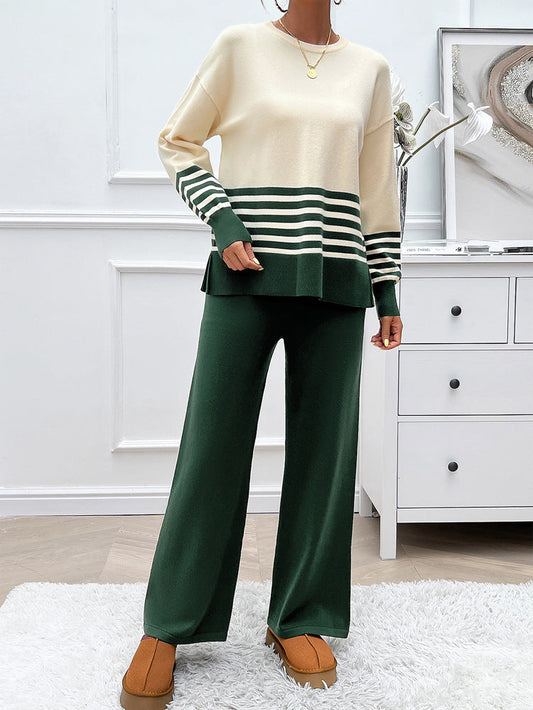 Casual Striped Wide Leg Pantsuit Set for Women - BritishElegance
